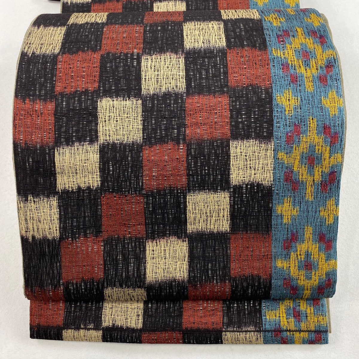 袋帯 美品 秀品 夏帯 市松 幾何学 墨色 全通 正絹 【中古】拍卖