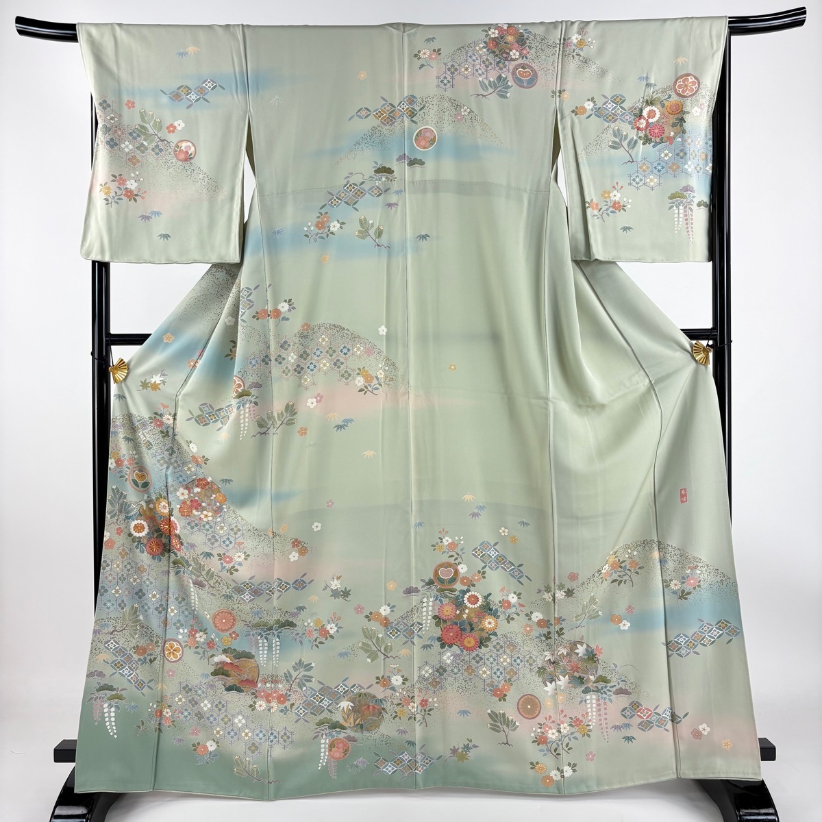 訪問着 身丈165.5cm 裄丈67.5cm L 袷 落款 花丸文 松竹梅 金糸 金彩 薄緑 正絹 名品 【中古】拍卖