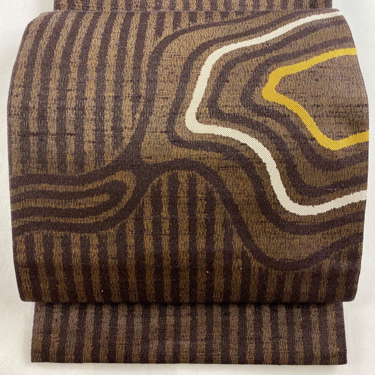 袋帯 美品 秀品 縞 幾何学模様 箔 焦茶色 六通 正絹 【中古】拍卖