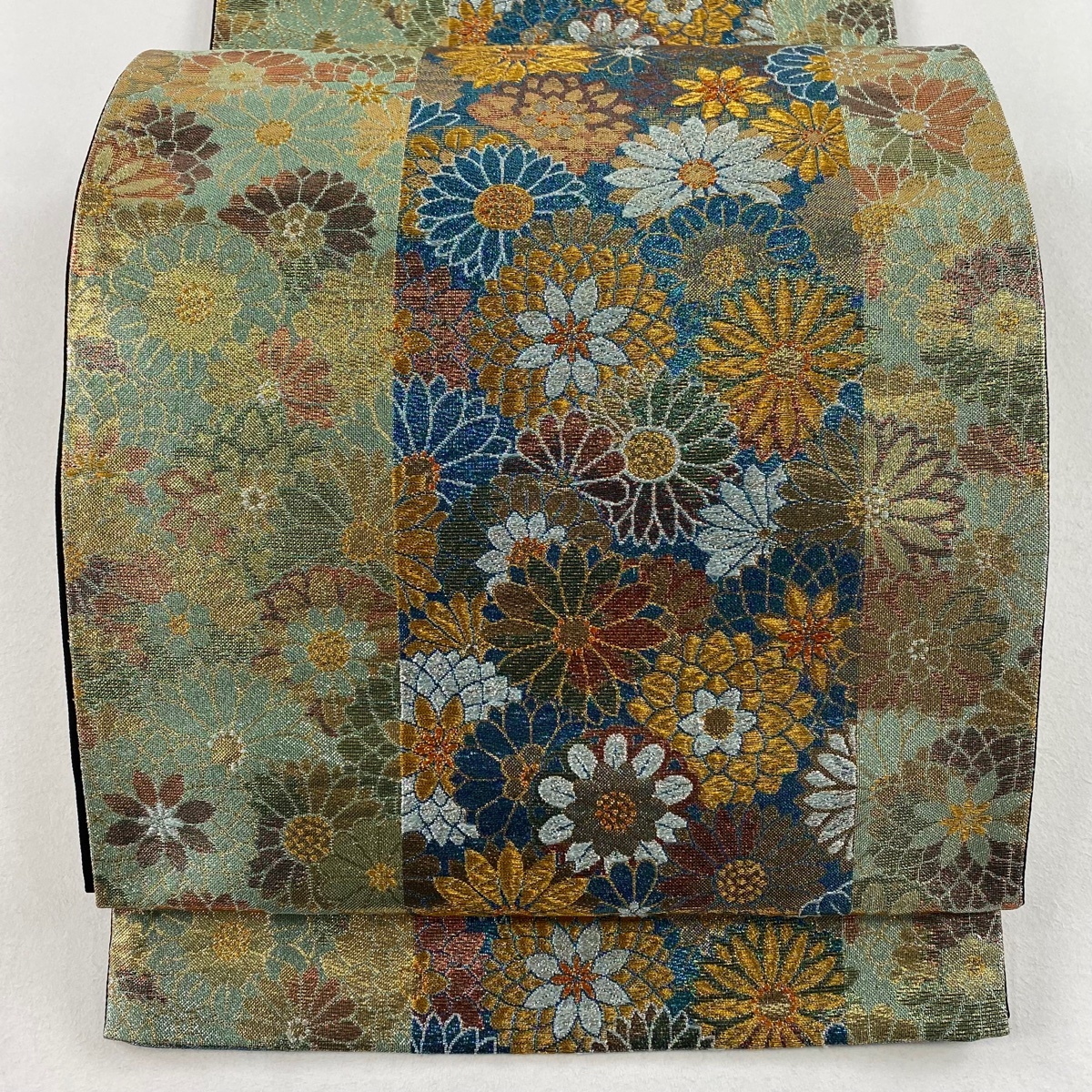 袋帯 美品 秀品 菊 金糸 箔 薄緑 六通 正絹 【中古】拍卖