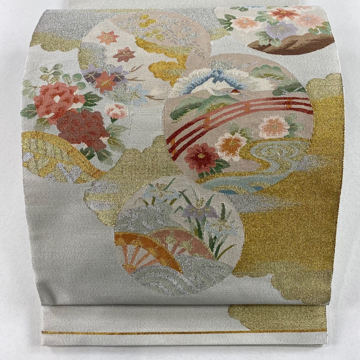 袋帯 秀品 関西仕立て 丸文 草花 金銀糸 銀通し 灰白 お太鼓柄 正絹 【中古】拍卖