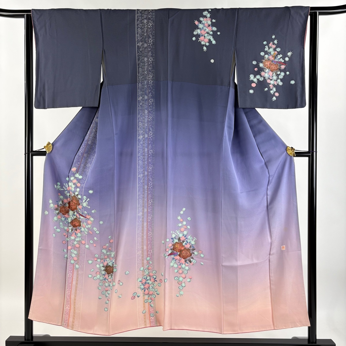 訪問着 身丈151cm 裄丈63.5cm S 袷 落款 草花 鳥 金彩 ぼかし 青紫 正絹 秀品 【中古】拍卖