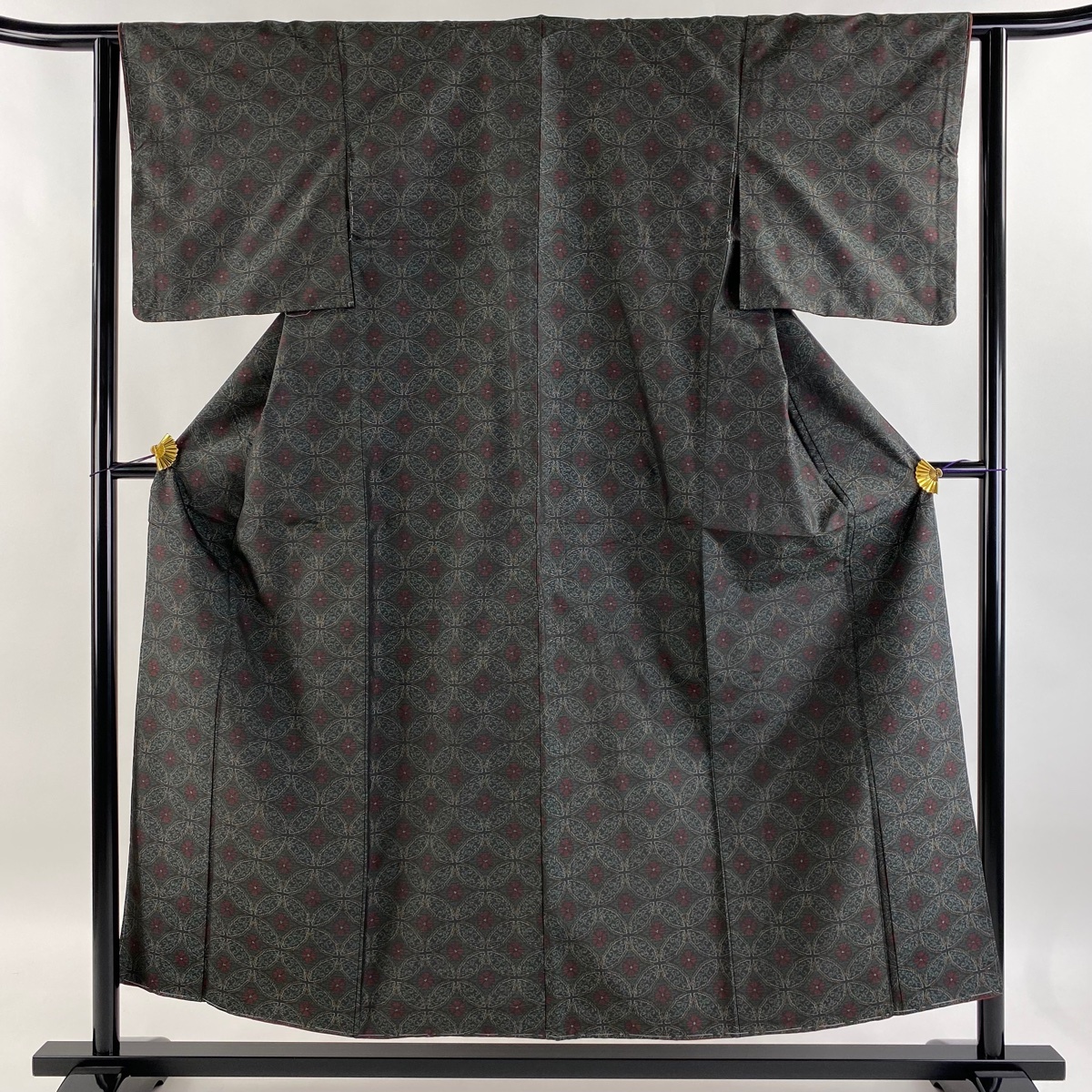 紬 身丈154cm 裄丈62cm S 袷 七宝 華文 深緑 正絹 秀品 【中古】拍卖