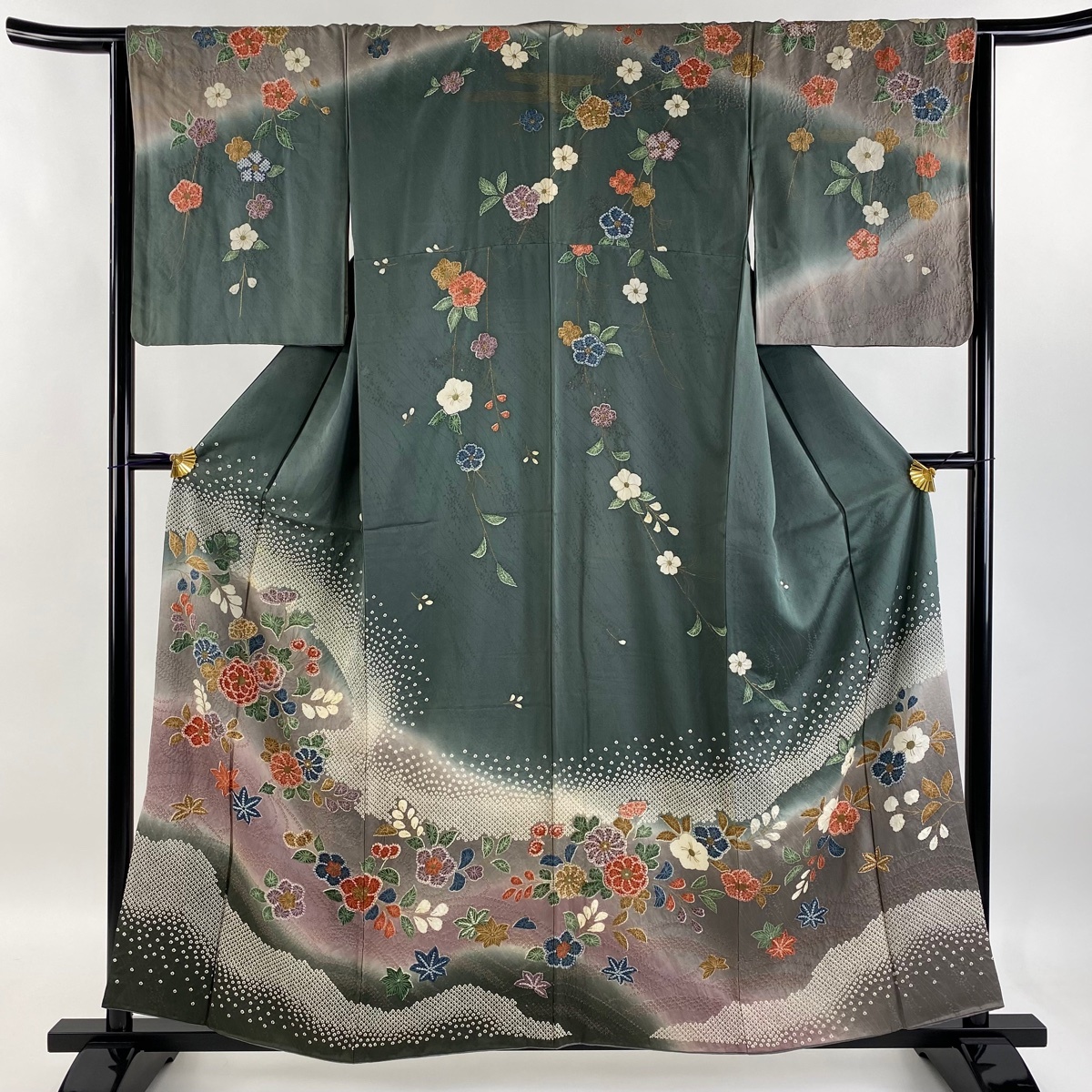 訪問着 身丈158cm 裄丈64cm M 袷 草花 流水 絞り 金彩 灰緑 正絹 秀品 【中古】拍卖