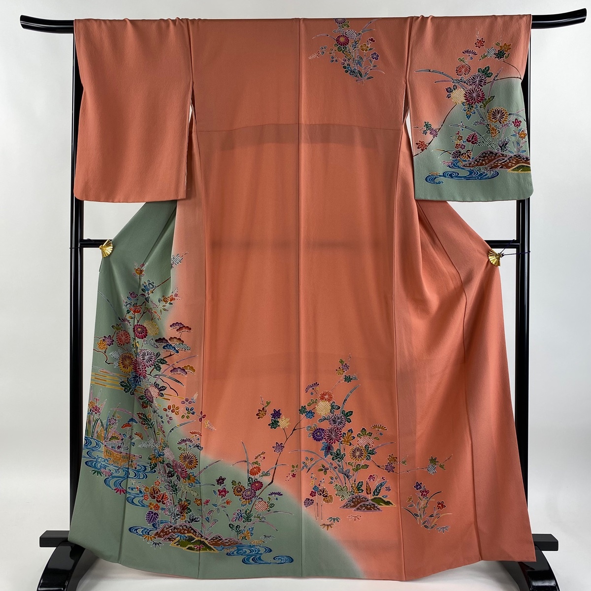 訪問着 身丈168cm 裄丈67cm M 袷 草花 流水 染め分け ぼかし サーモンピンク 正絹 美品 秀品 【中古】拍卖