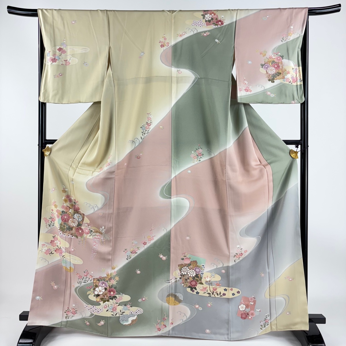 訪問着 身丈166cm 裄丈66.5cm M 袷 色紙 菊 金糸 金彩 ベージュ 正絹 名品 一つ紋 【中古】拍卖