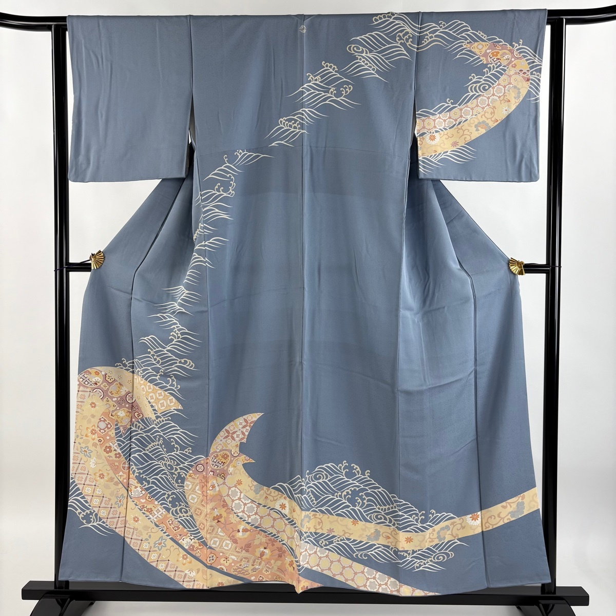 訪問着 身丈154.5cm 裄丈63cm S 袷 花唐草 波 青灰色 正絹 秀品 一つ紋 【中古】拍卖