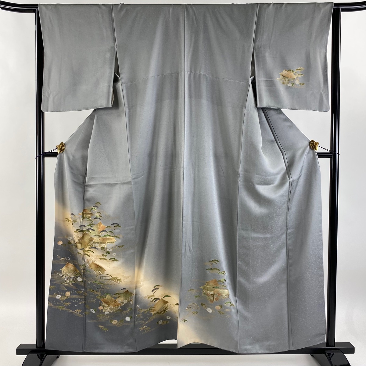 訪問着 身丈156cm 裄丈64cm M 袷 松竹梅 風景 金銀彩 ぼかし 灰色 正絹 秀品 【中古】拍卖