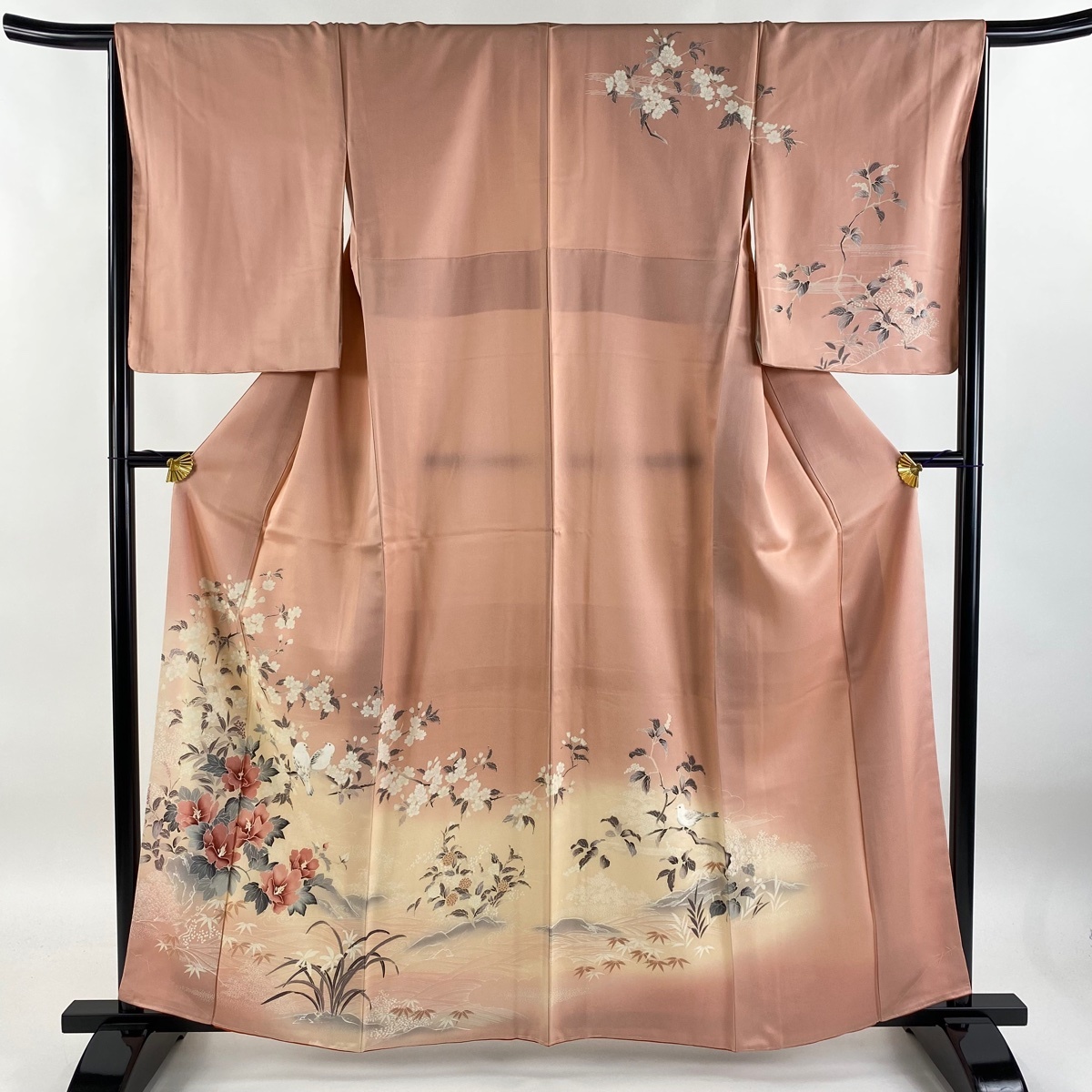 訪問着 身丈160.5cm 裄丈66cm M 袷 桜 鳥 染め分け ぼかし ピンク 正絹 秀品 【中古】拍卖