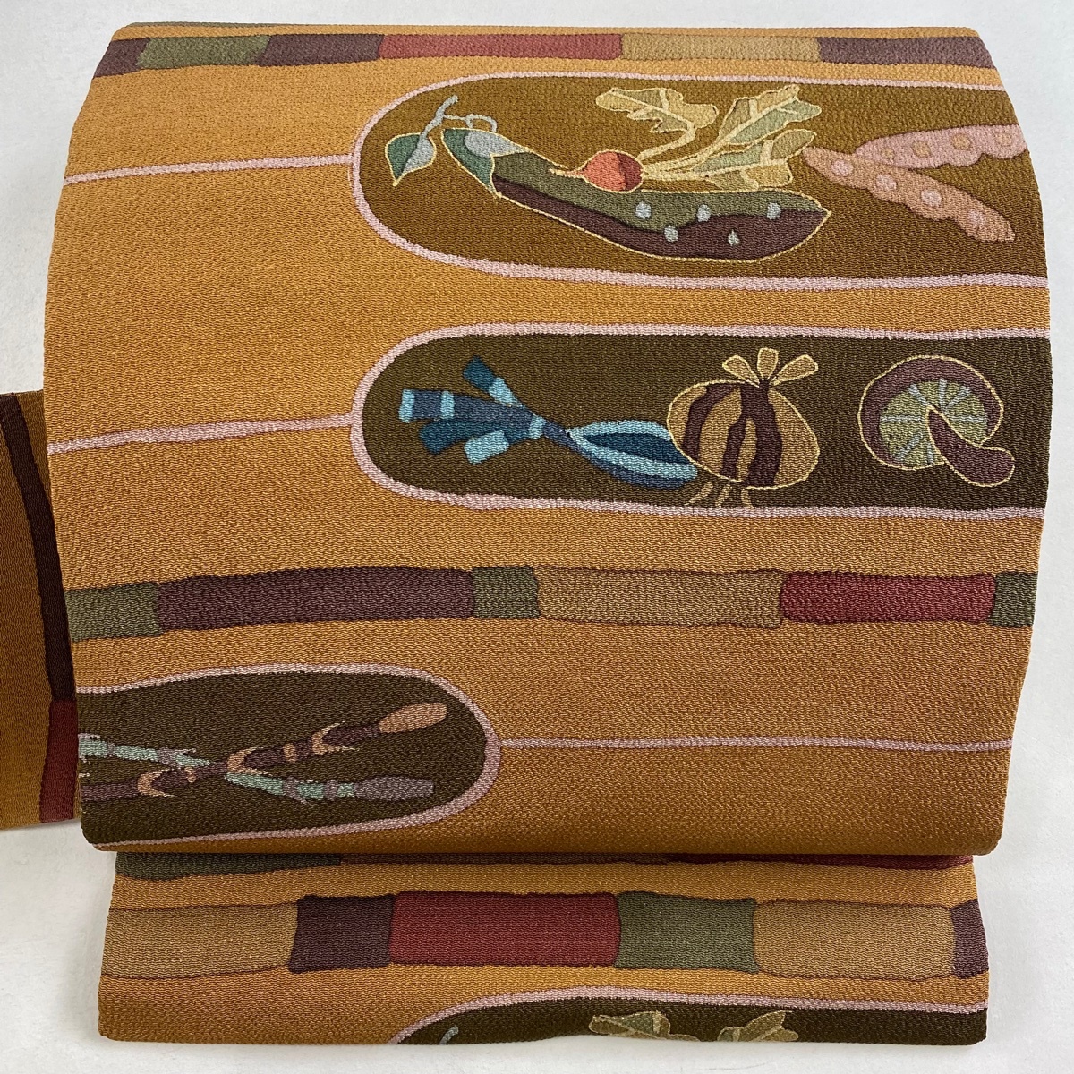 名古屋帯 秀品 生り物 つくし 縮緬 金彩 茶色 正絹 【中古】拍卖