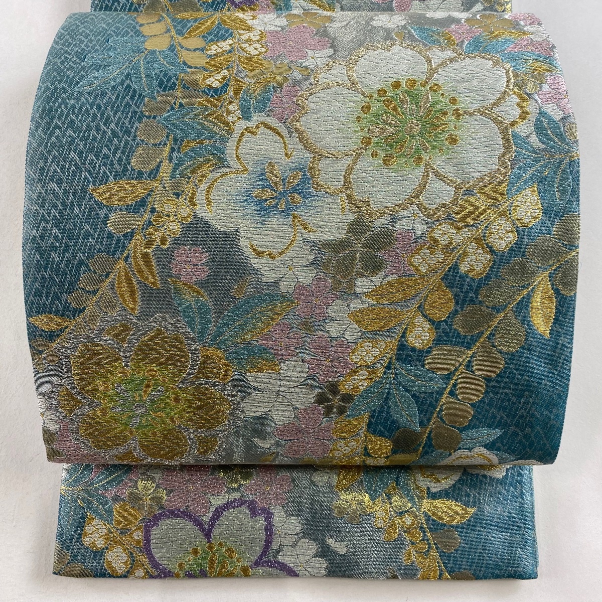 袋帯 美品 秀品 桜 金銀糸 箔 青緑 六通 正絹 【中古】拍卖