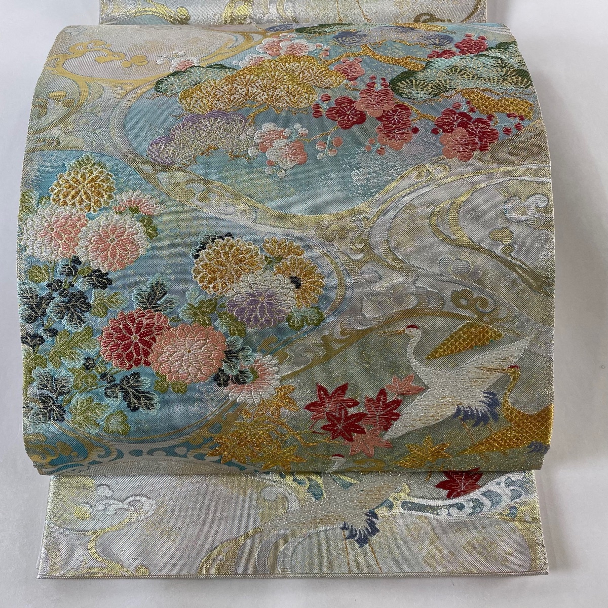 袋帯 美品 秀品 瑞鶴遊翔波文 松梅 箔 青灰色 六通 正絹 【中古】拍卖