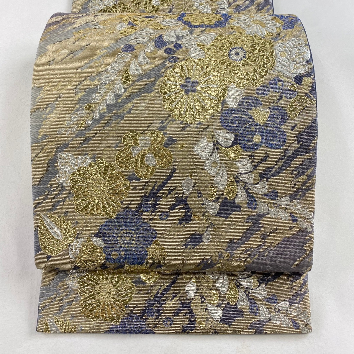 袋帯 美品 名品 辻が花柄 幾何学 箔 金糸 青灰色 六通 正絹 【中古】拍卖