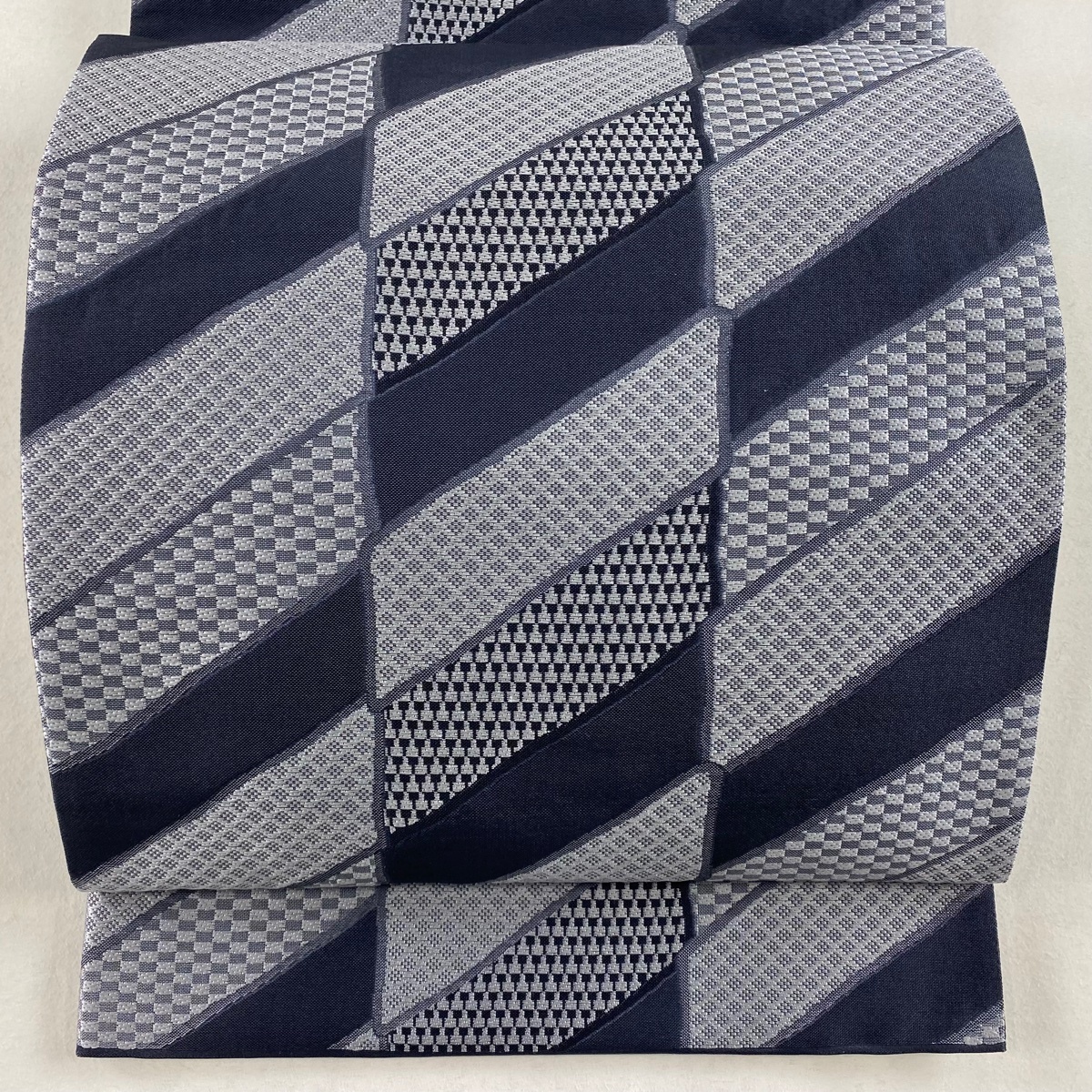 袋帯 秀品 幾何学 格子 青灰色 六通 正絹 【中古】拍卖