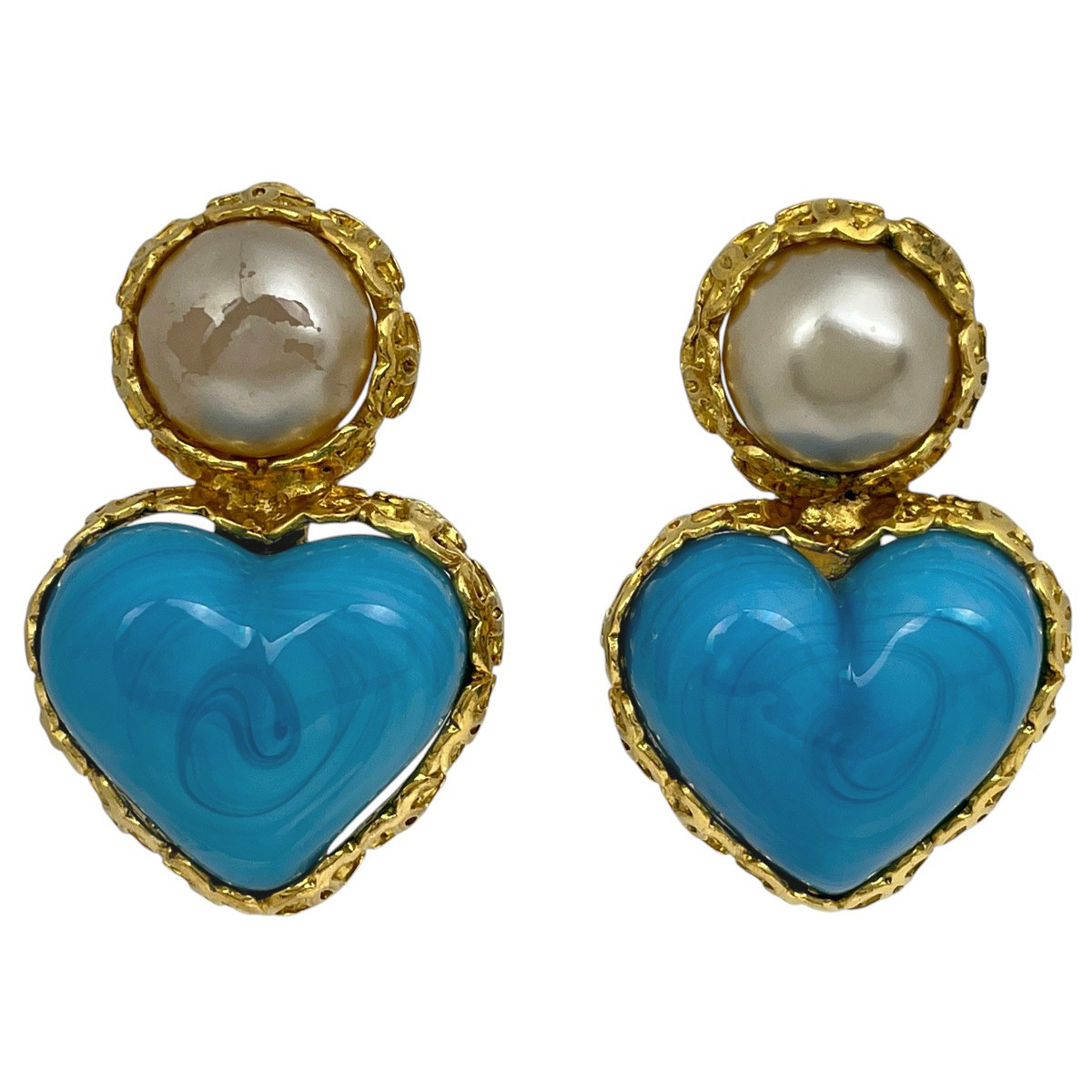 シャネル CHANEL ハートモチーフ カラーストーン イヤリング グリポア フェイクパール ココマーク GP ゴールド ブルー レディース 【中古】拍卖