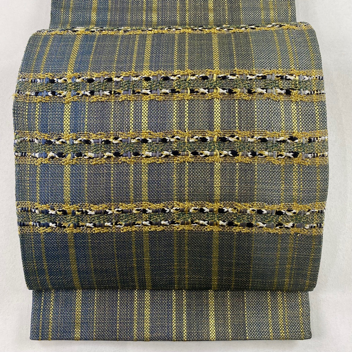袋帯 秀品 縞 金糸 灰緑 お太鼓柄 正絹 【中古】拍卖