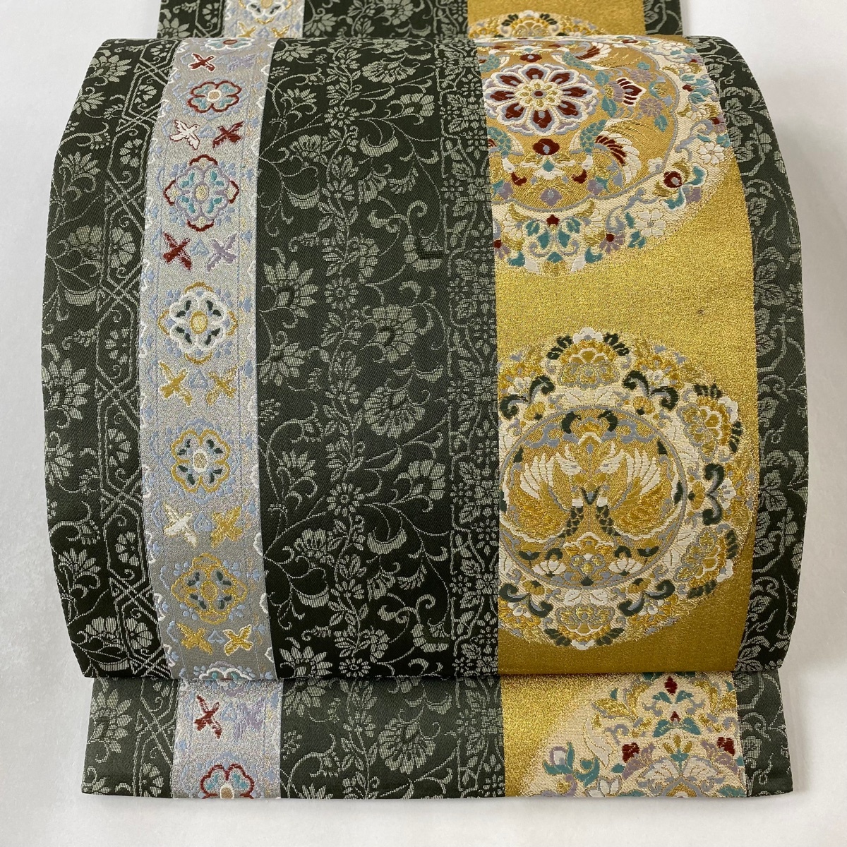 袋帯 美品 秀品 草花 鳥 金銀糸 緑 六通 正絹 【中古】拍卖