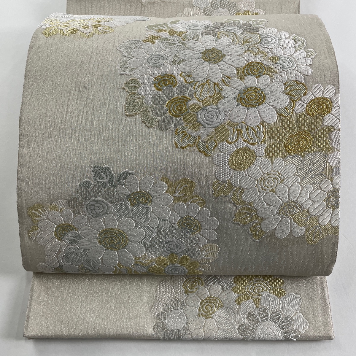 袋帯 名品 夏帯 花丸文 刺繍 金銀糸 灰白 六通 正絹 【中古】拍卖
