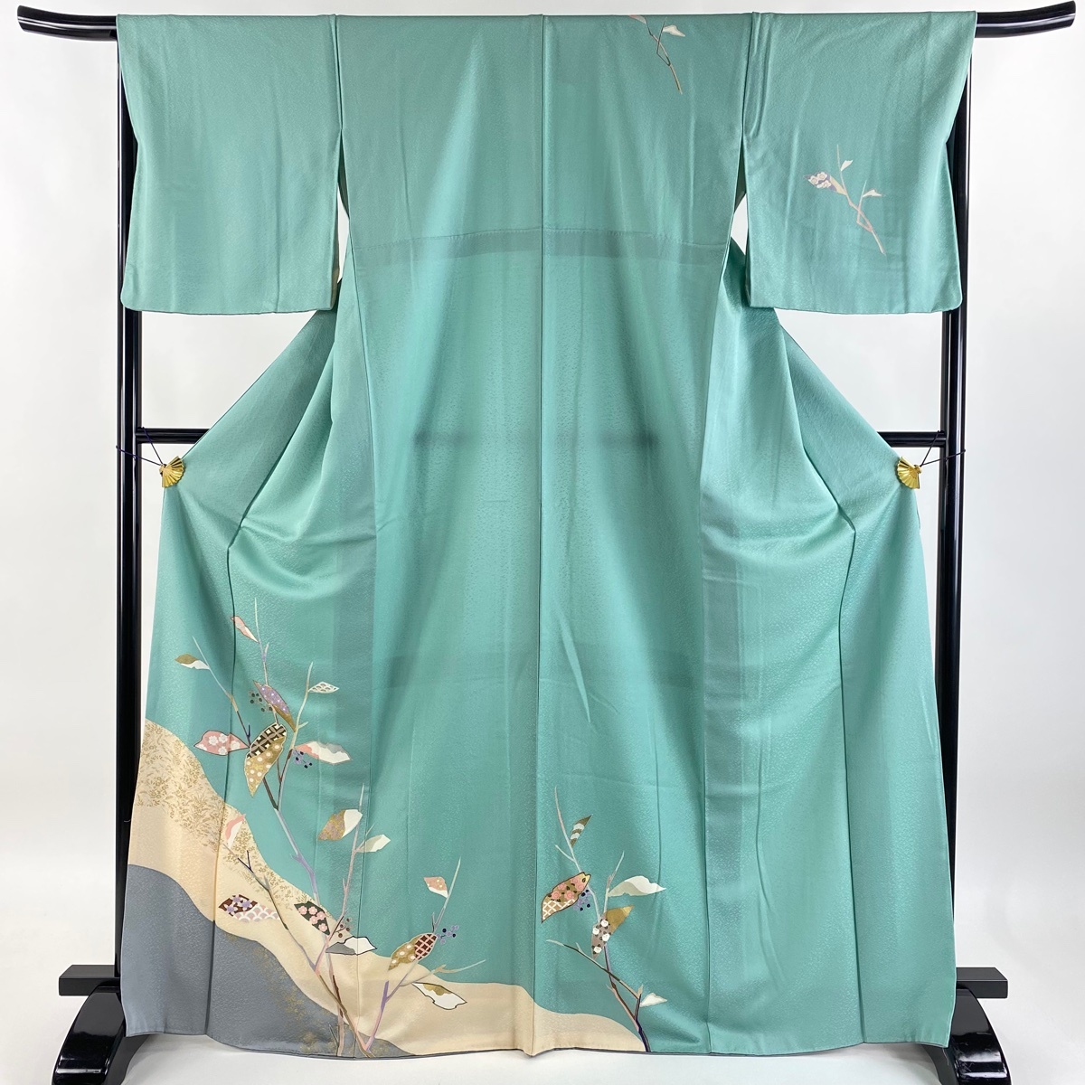 訪問着 身丈169.5cm 裄丈67cm M 袷 葉と実 七宝 金糸 金彩 薄緑 正絹 秀品 【中古】拍卖