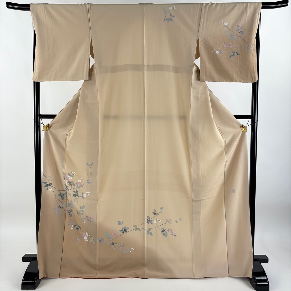 訪問着 身丈171.5cm 裄丈67cm M 袷 落款 枝花 ぼかし 薄オレンジ 正絹 秀品 【中古】拍卖