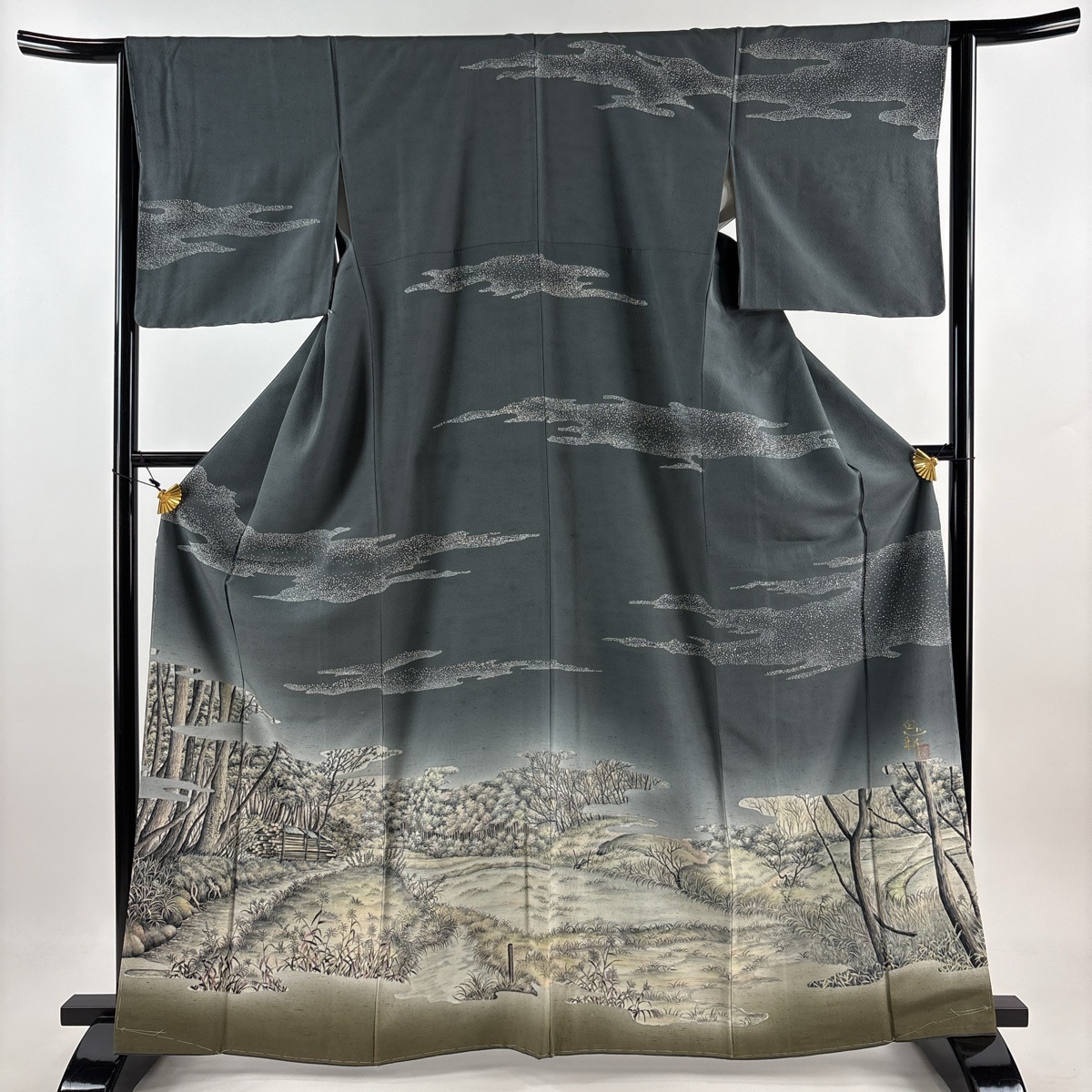訪問着 身丈165cm 裄丈63cm S 袷 落款 樹木 霞 ぼかし 灰緑 正絹 秀品 【中古】拍卖
