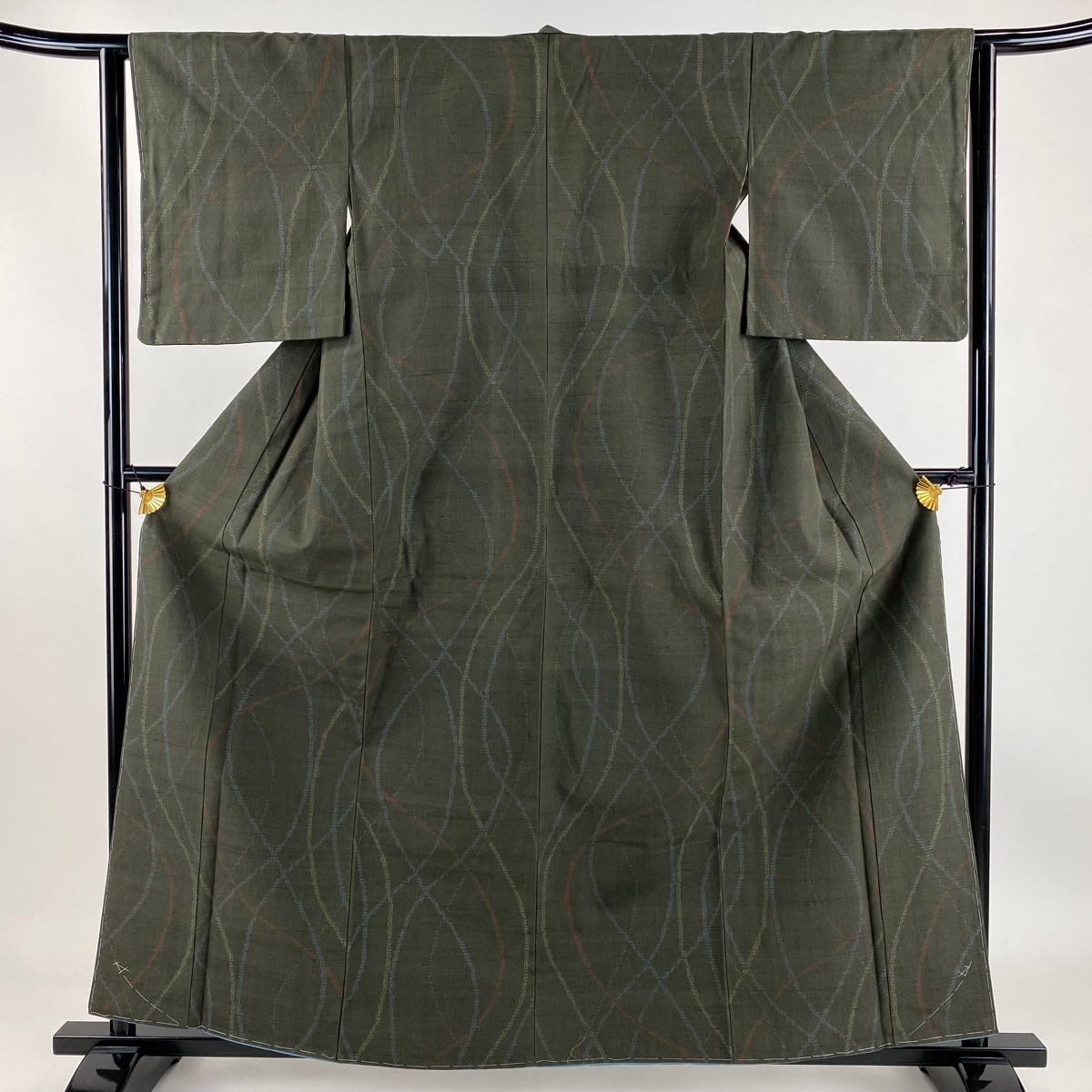 結城紬 身丈160cm 裄丈62.5cm S 袷 奥順 はたおり娘 証紙 幾何学模様 茶緑色 正絹 美品 名品 【中古】拍卖