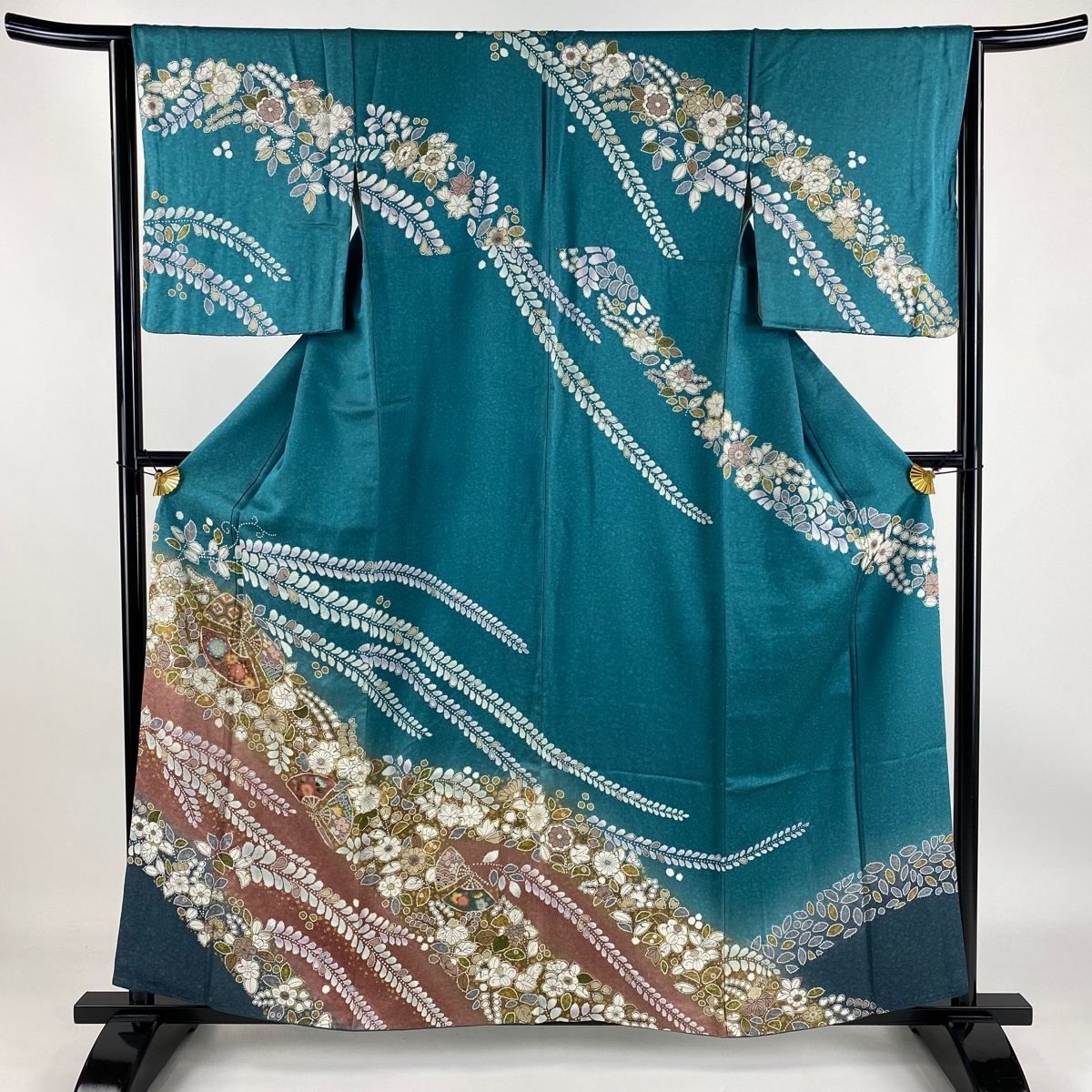 訪問着 身丈159cm 裄丈64cm M 袷 辻が花柄 扇 金彩 染め分け 青緑 正絹 名品 【中古】拍卖