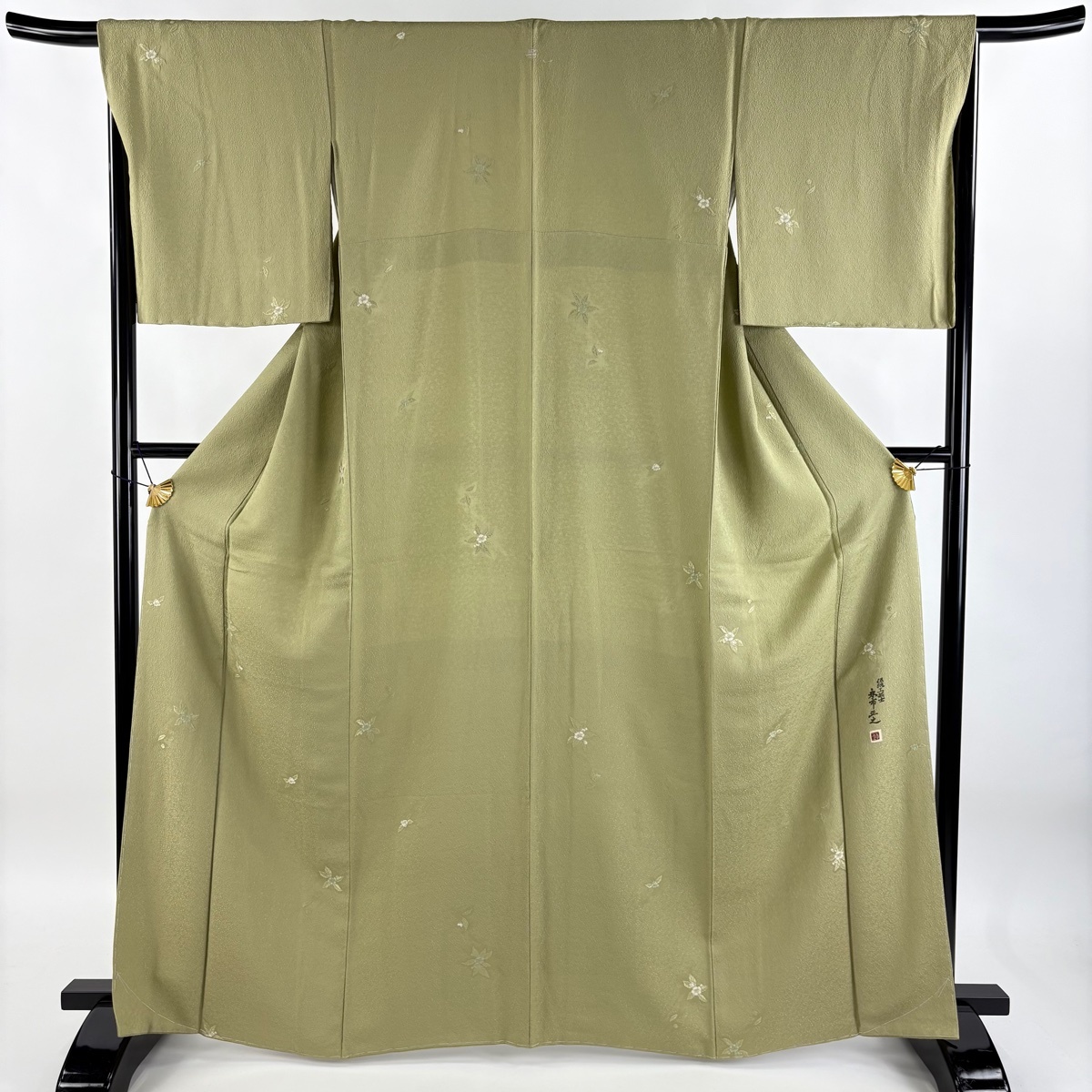 小紋 身丈164.5cm 裄丈66.5cm M 袷 やまと 落款 草花 地紋 灰緑 正絹 秀品 一つ紋 【中古】拍卖