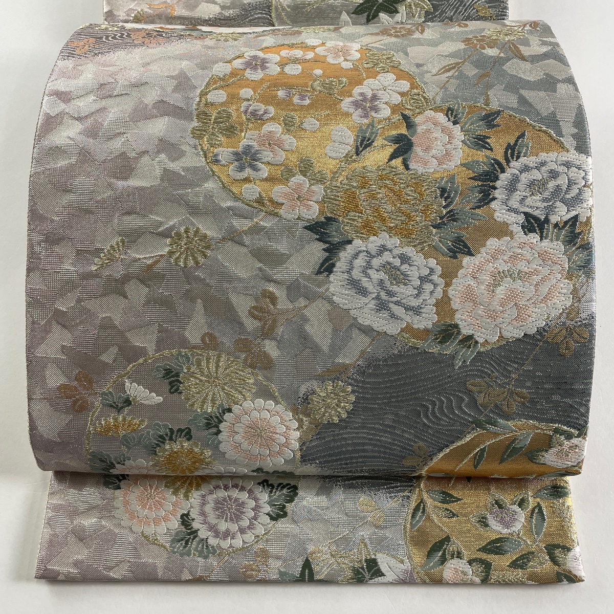袋帯 美品 秀品 花丸文 流水 箔 金糸 灰色 六通 正絹 【中古】拍卖