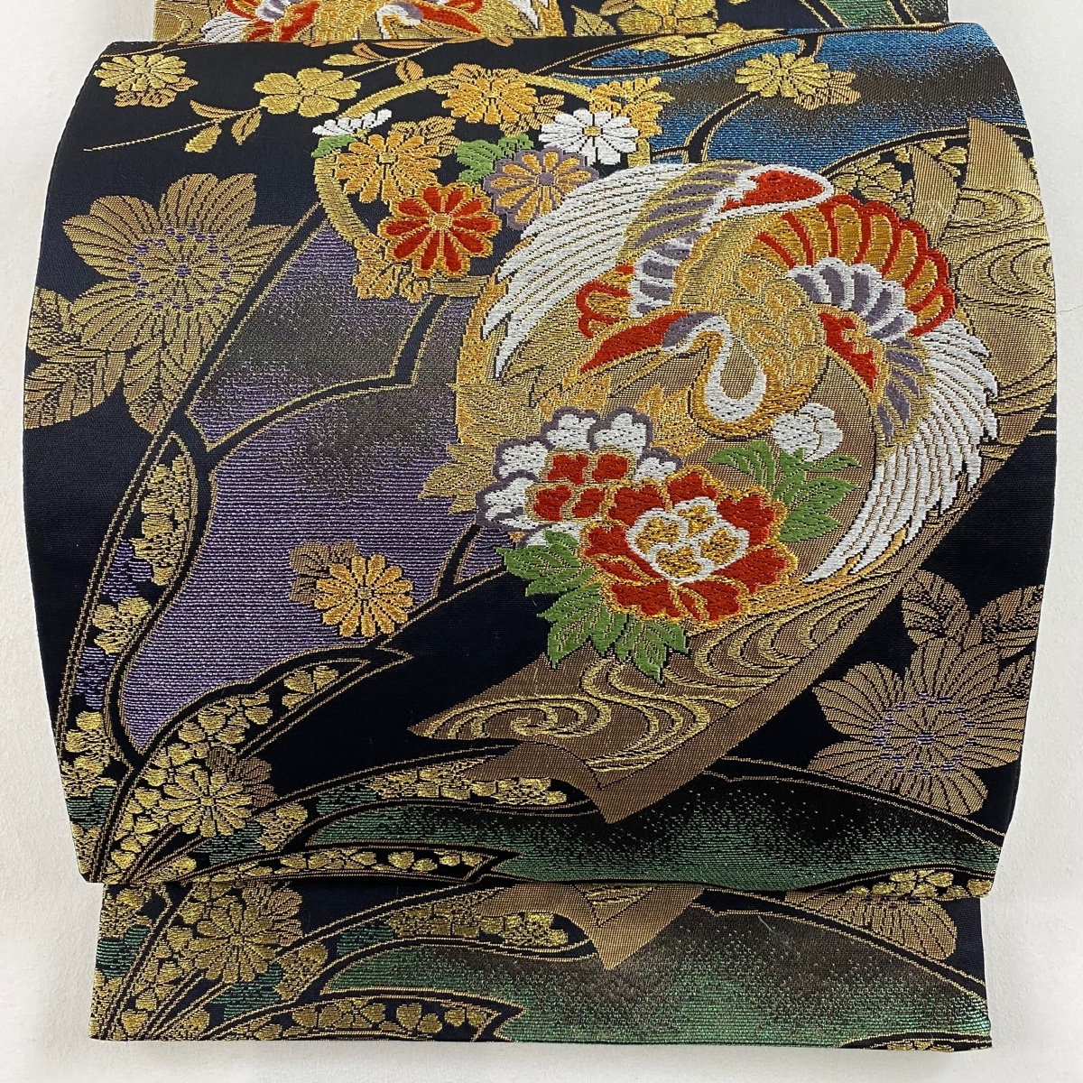 袋帯 秀品 鶴 草花 金糸 箔 黒 六通 正絹 【中古】拍卖