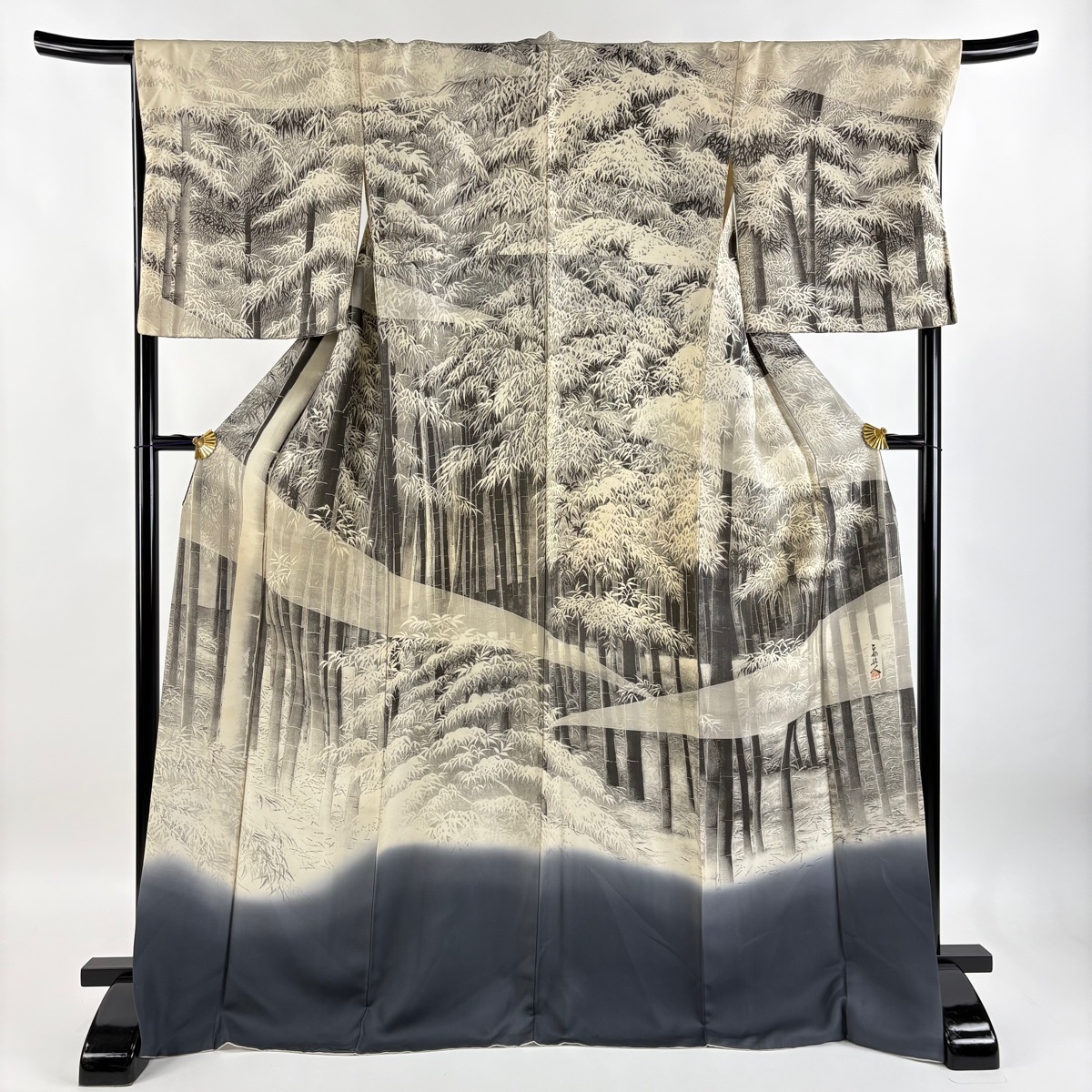 訪問着 身丈173cm 裄丈68.5cm L 袷 山岡古都 落款 竹 染め分け ぼかし ベージュ 正絹 逸品 【中古】拍卖