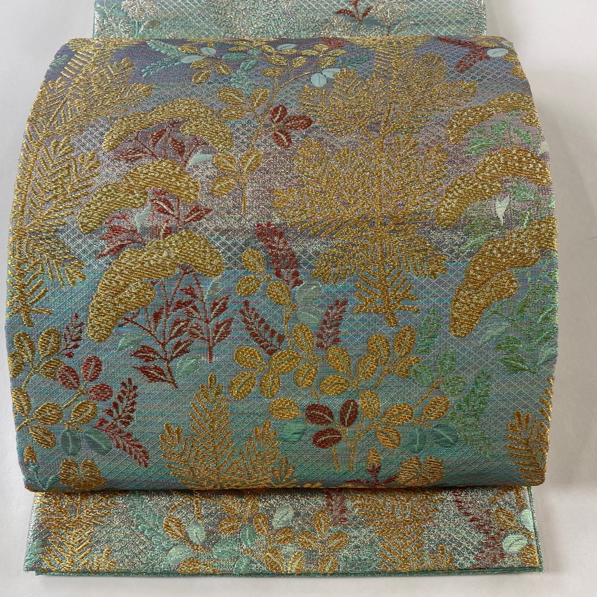 袋帯 逸品 佐波理 落款 萩 草花 金銀糸 箔 薄緑 六通 正絹 【中古】拍卖