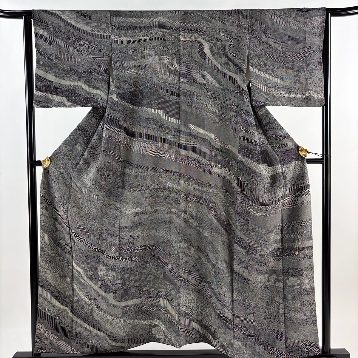 訪問着 身丈155cm 裄丈64cm M 袷 落款 寄せ柄 江戸小紋柄 黒灰 正絹 美品 秀品 【中古】拍卖