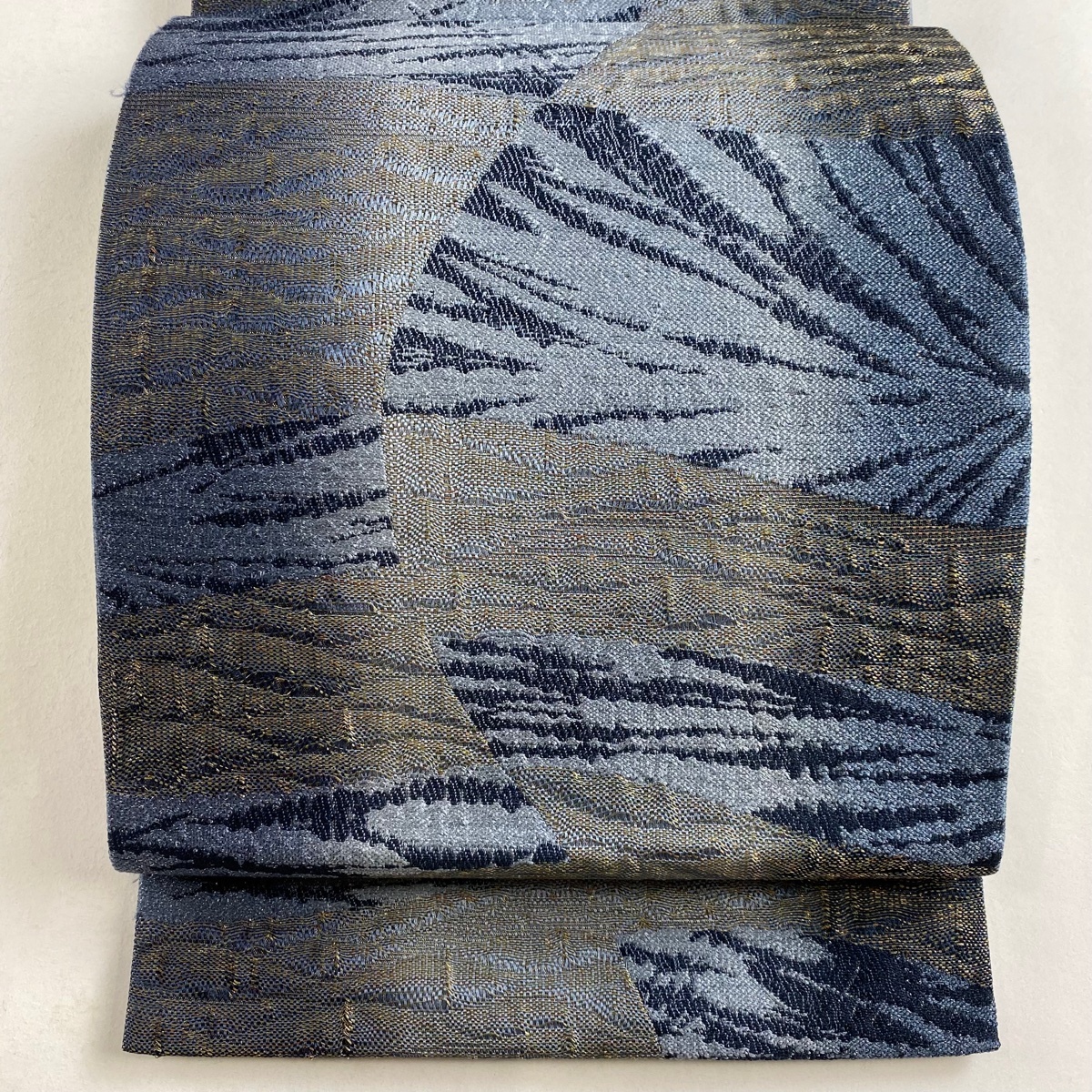 袋帯 美品 秀品 幾何学 箔 青灰色 六通 正絹 【中古】拍卖