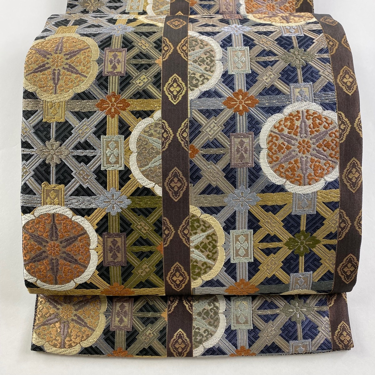 袋帯 秀品 草花 幾何学模様 箔 焦茶色 六通 正絹 【中古】拍卖