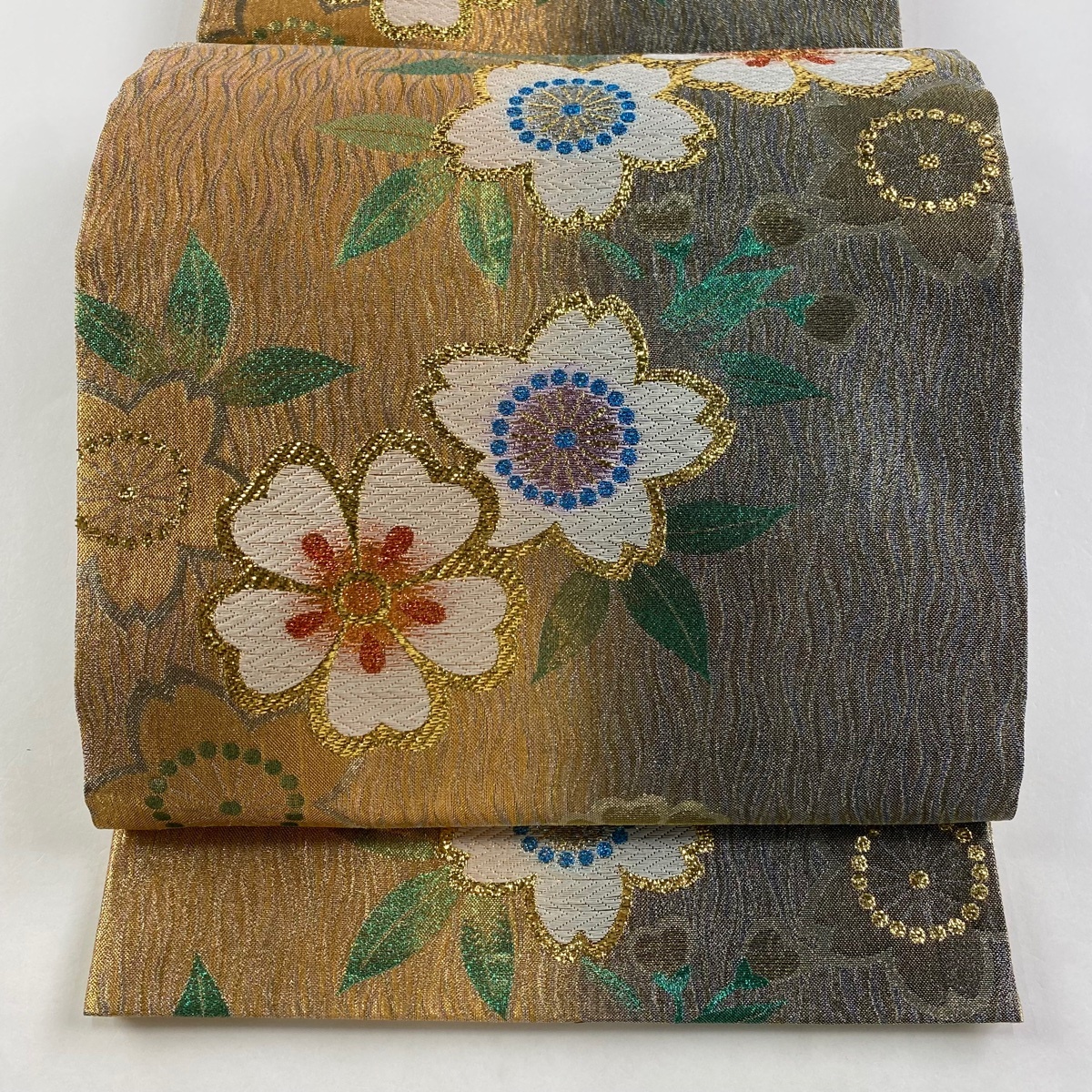 袋帯 美品 秀品 桜 銀糸 箔 金色 六通 正絹 【中古】拍卖