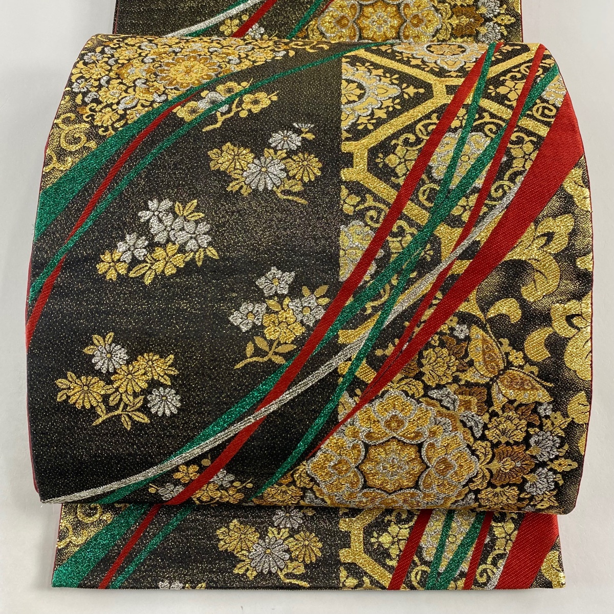 袋帯 美品 秀品 華文 蝶 箔 金糸 墨色 六通 正絹 【中古】拍卖