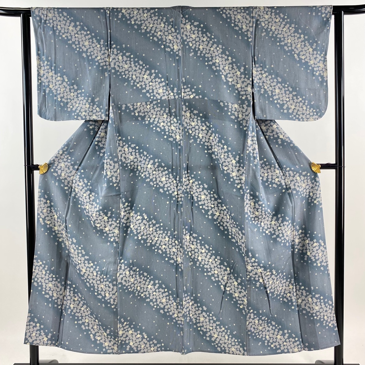 小紋 身丈150.5cm 裄丈61.5cm S 単衣 箔散らし 縦縞 染め分け ぼかし 青灰色 正絹 美品 秀品 【中古】拍卖