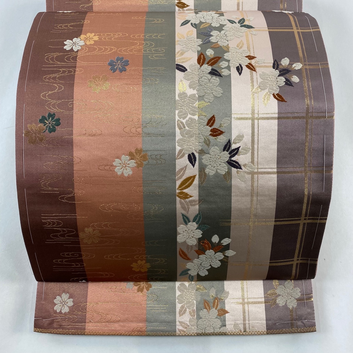 袋帯 美品 秀品 桜 縞 箔 灰紫 全通 正絹 【中古】拍卖