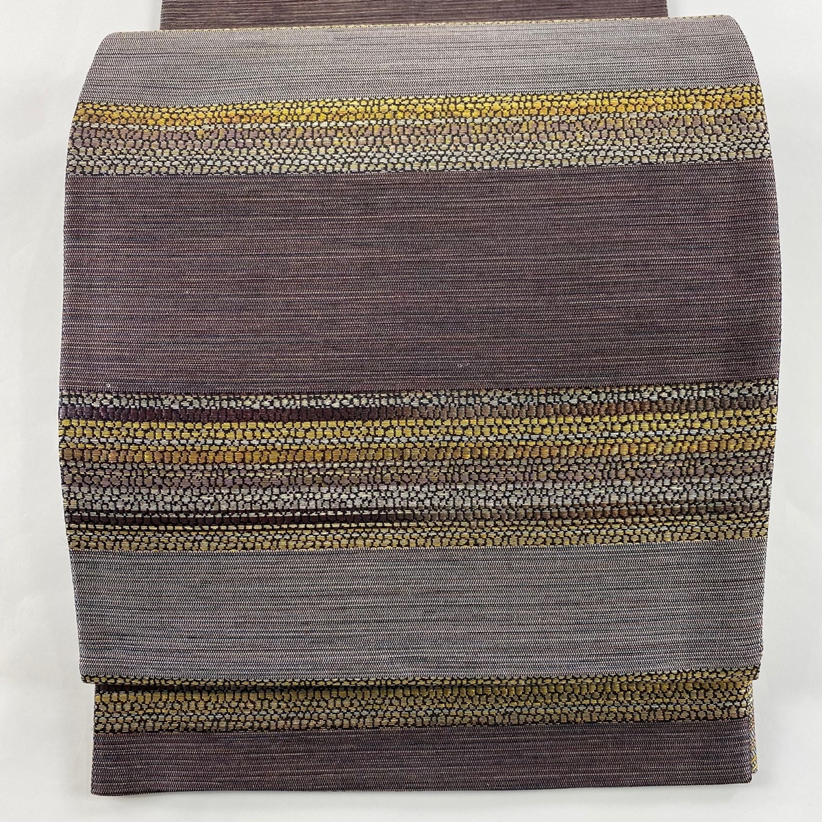 袋帯 美品 秀品 段縞 金銀糸 箔 灰紫 六通 正絹 【中古】拍卖