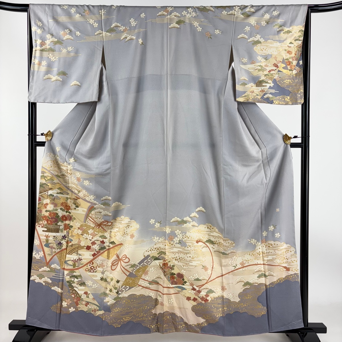 訪問着 身丈159.5cm 裄丈65.5cm M 袷 落款 草花 橋 金彩 ぼかし 灰色 正絹 秀品 【中古】拍卖