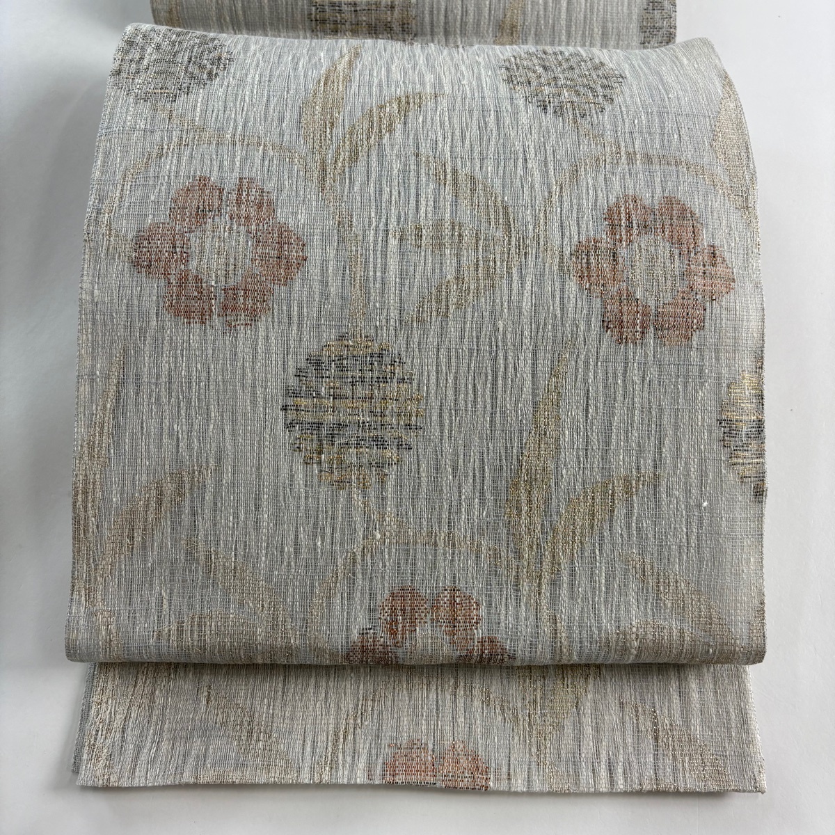 袋帯 美品 秀品 夏帯 笹蔓 箔 金糸 青灰色 六通 正絹 【中古】拍卖