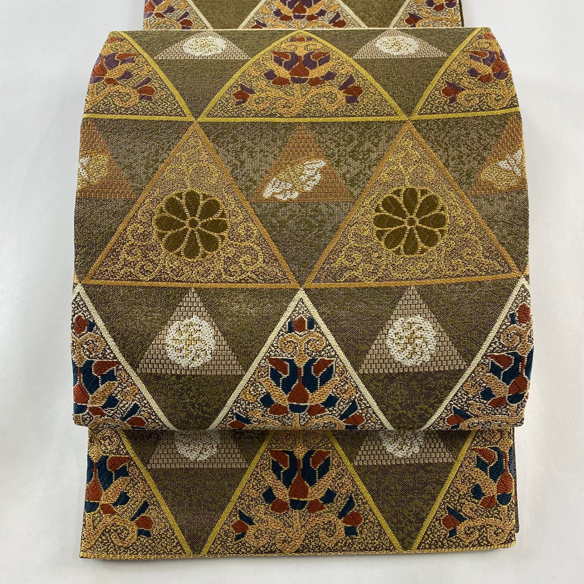 袋帯 美品 秀品 関西仕立て 菊唐草 蝶 金糸 箔 茶緑色 正絹 【中古】拍卖