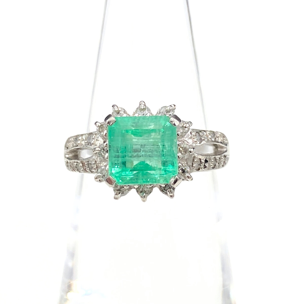 【在庫一掃】 エメラルド デザインリング プラチナ 指輪 メレダイヤ リング 8号 Pt900 エメラルド ダイヤモンド 【中古】拍卖