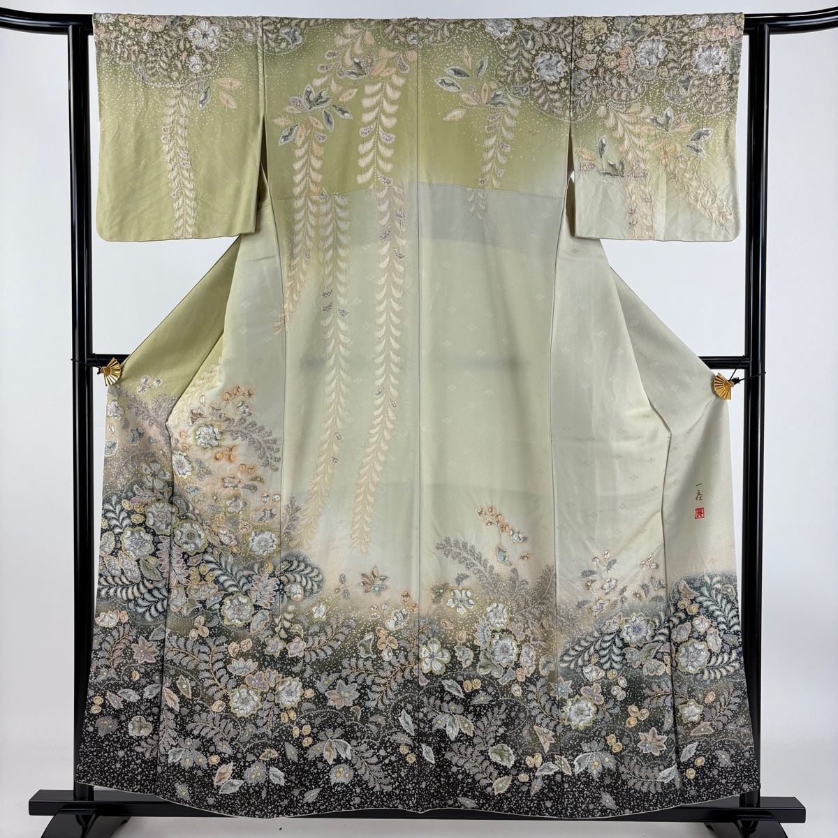 訪問着 身丈157cm 裄丈62cm S 袷 吉乃一廉 落款 辻が花 雲文 銀通し 茶緑色 正絹 逸品 【中古】拍卖