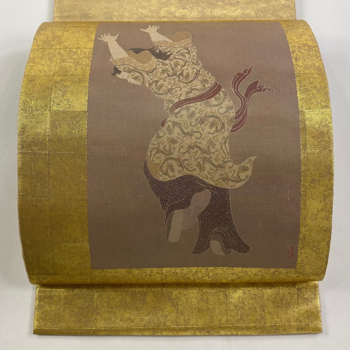 袋帯 美品 逸品 由水十久 落款 人物 箔 金色 お太鼓柄 正絹 【中古】拍卖