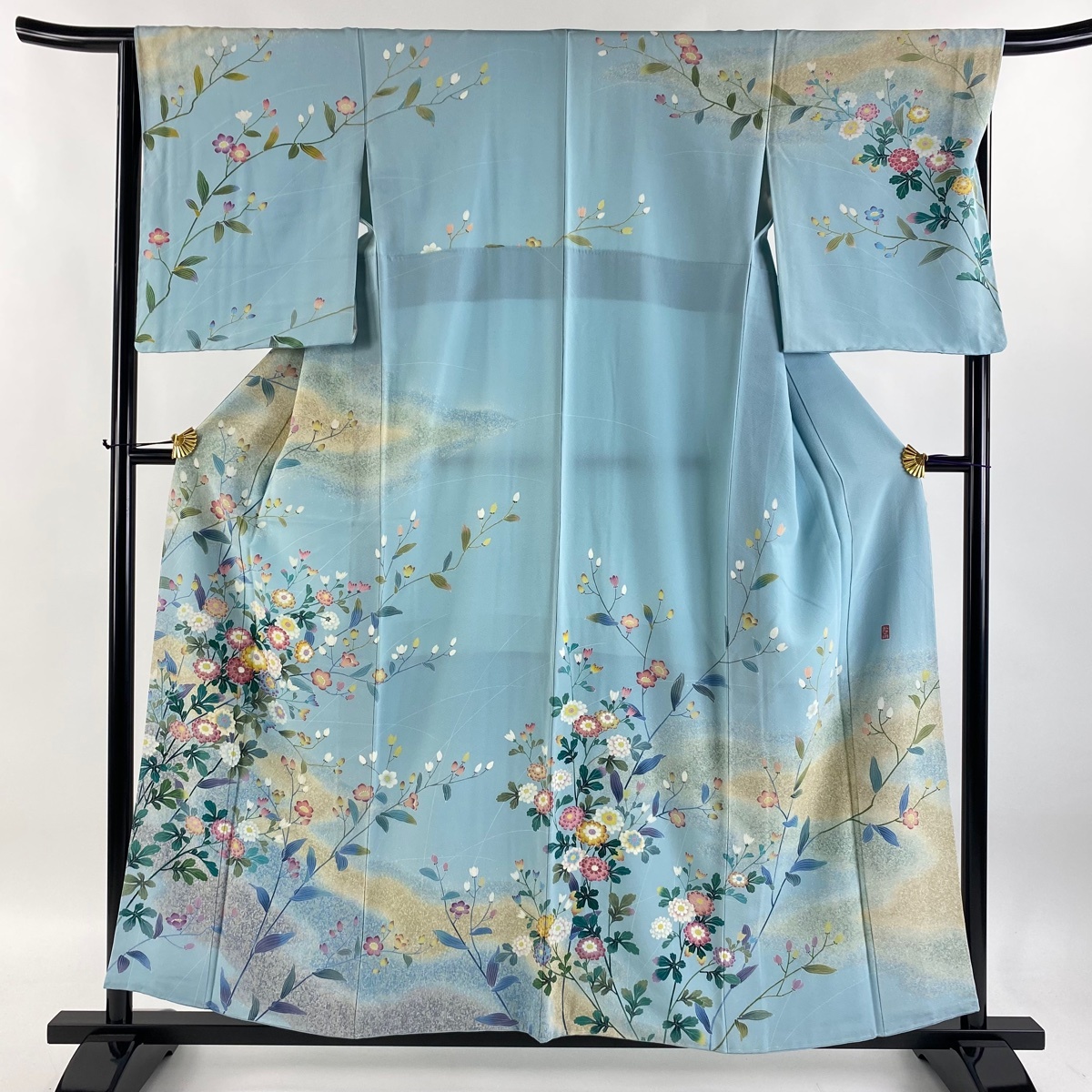 訪問着 身丈157.5cm 裄丈66cm M 袷 松雨 落款 菊 霞 ぼかし 水色 正絹 逸品 【中古】拍卖