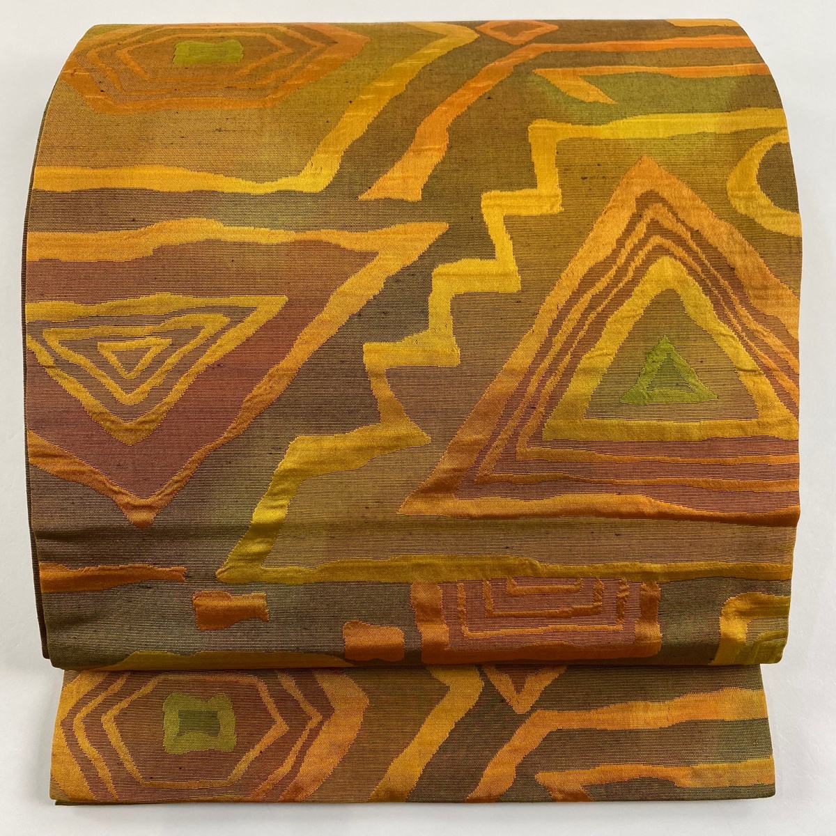 開き名古屋帯 優品 幾何学模様 箔 山吹色 正絹 【中古】拍卖