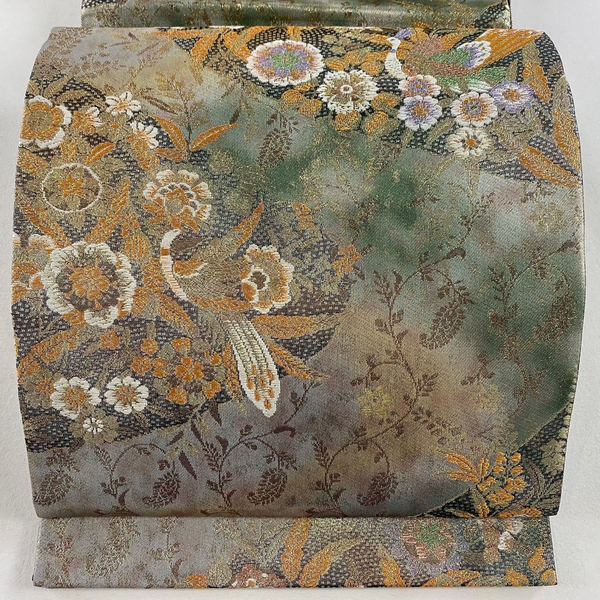 袋帯 美品 秀品 鳥 草花 金糸 箔 深緑 六通 正絹 【中古】拍卖
