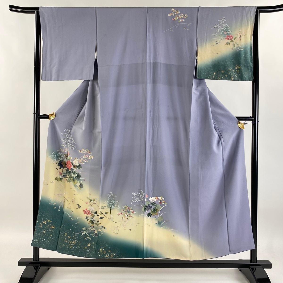 訪問着 身丈153cm 裄丈64cm M 袷 草花 竹 金彩 ぼかし 薄紫 正絹 秀品 【中古】拍卖